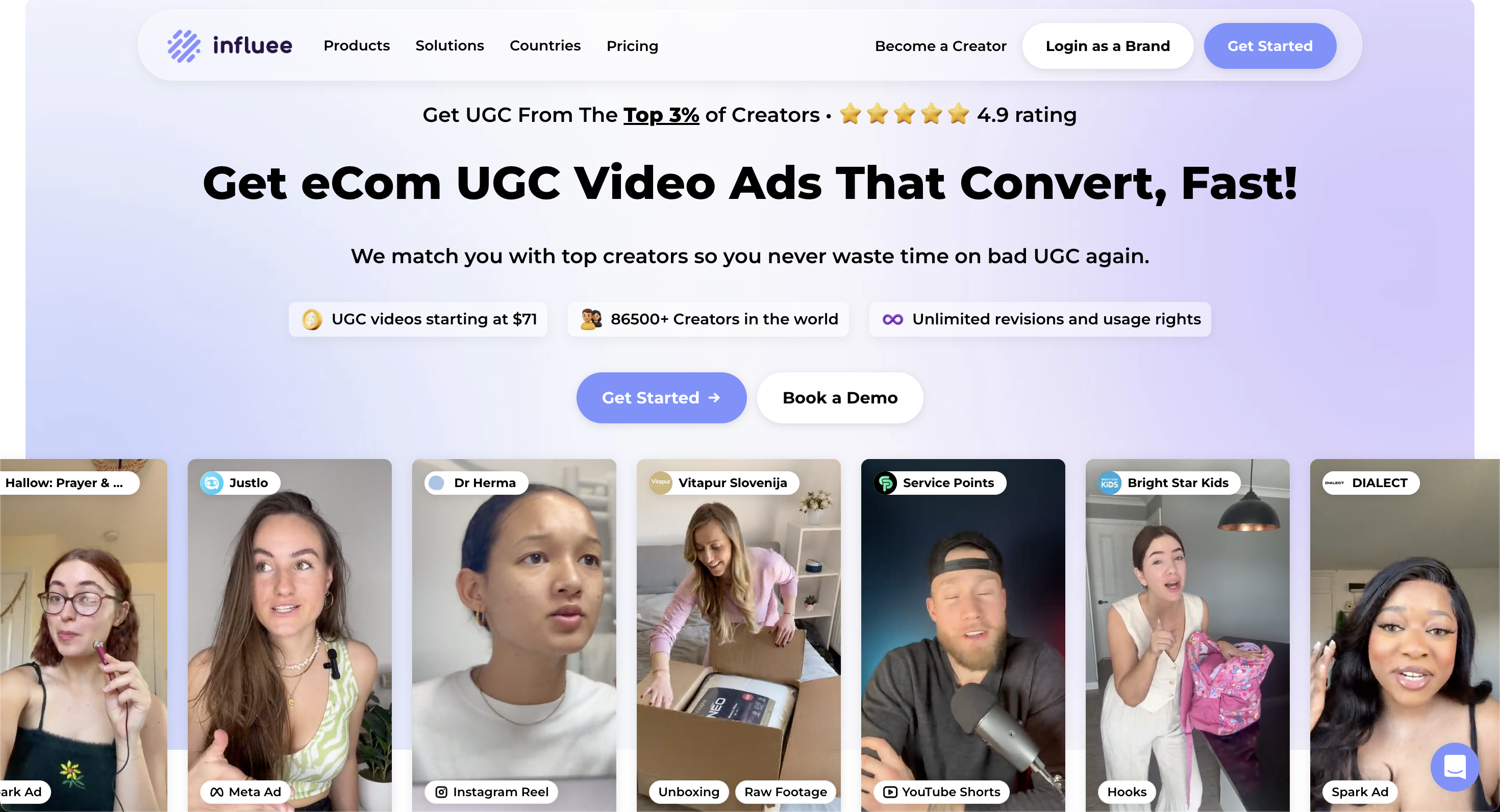 Influee webpage showcasing diverse creators for UGC video ads