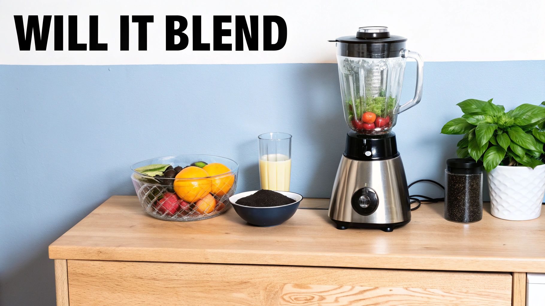 Blender with fresh fruits and vegetables, ready to blend on wooden counter