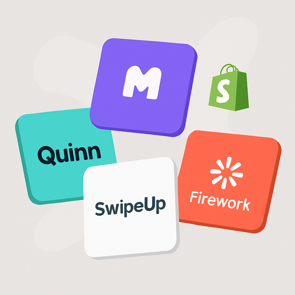 Colorful app logos for Quinn, SwipeUp, Firework, and M