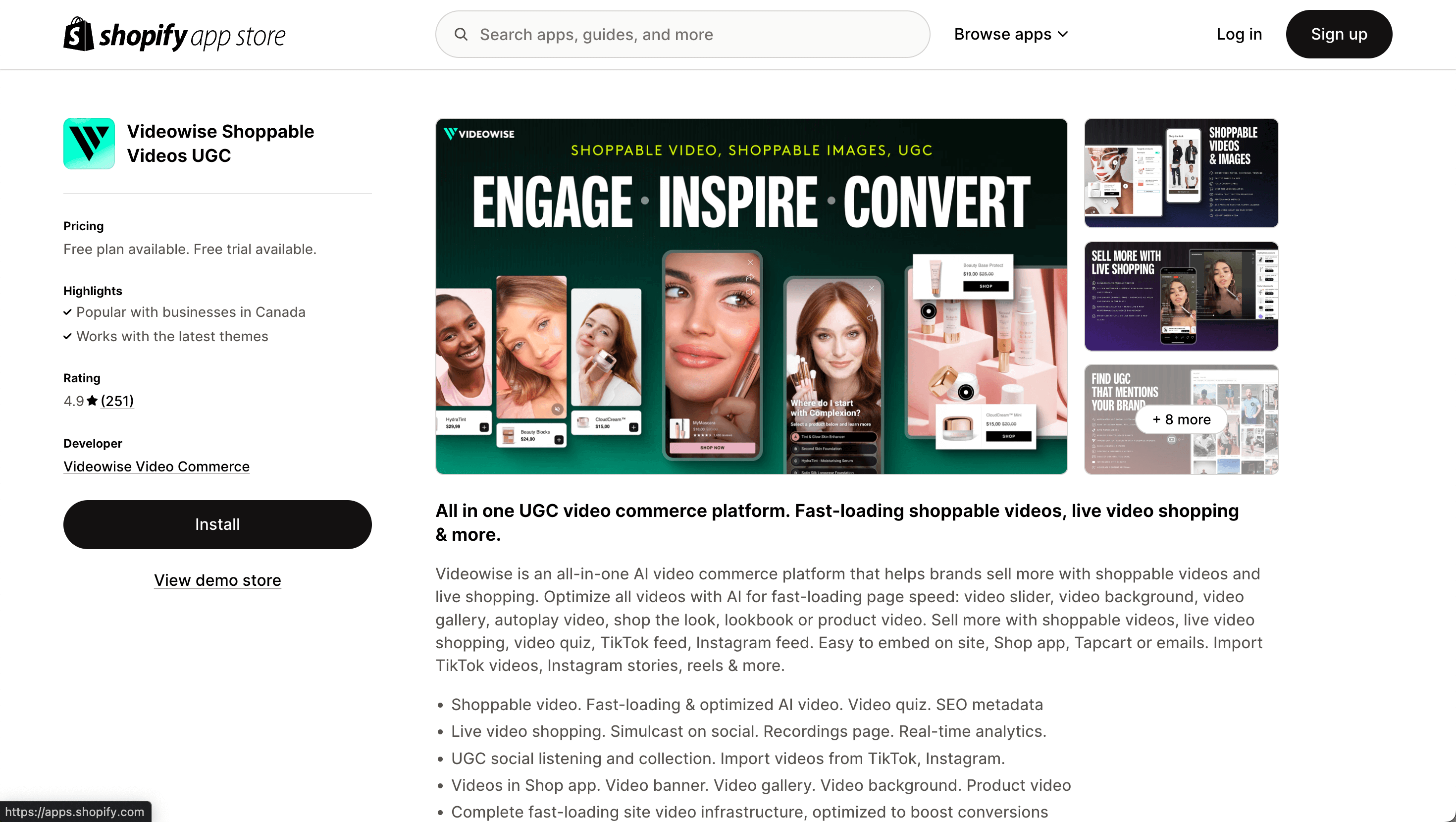Videowise app store page showcasing shoppable videos and commerce features