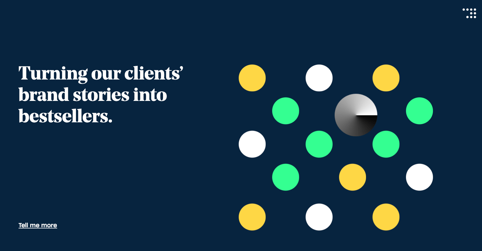 Colorful dots surrounding text about turning brand stories into bestsellers