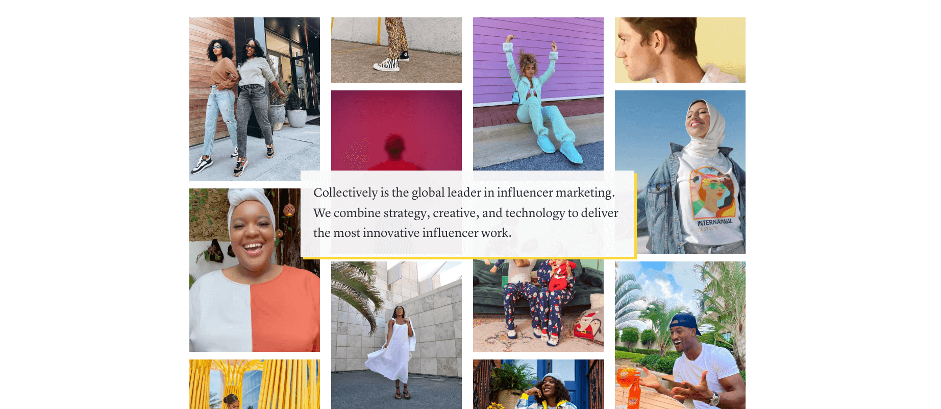 Diverse group of influencers in various stylish poses and colorful settings