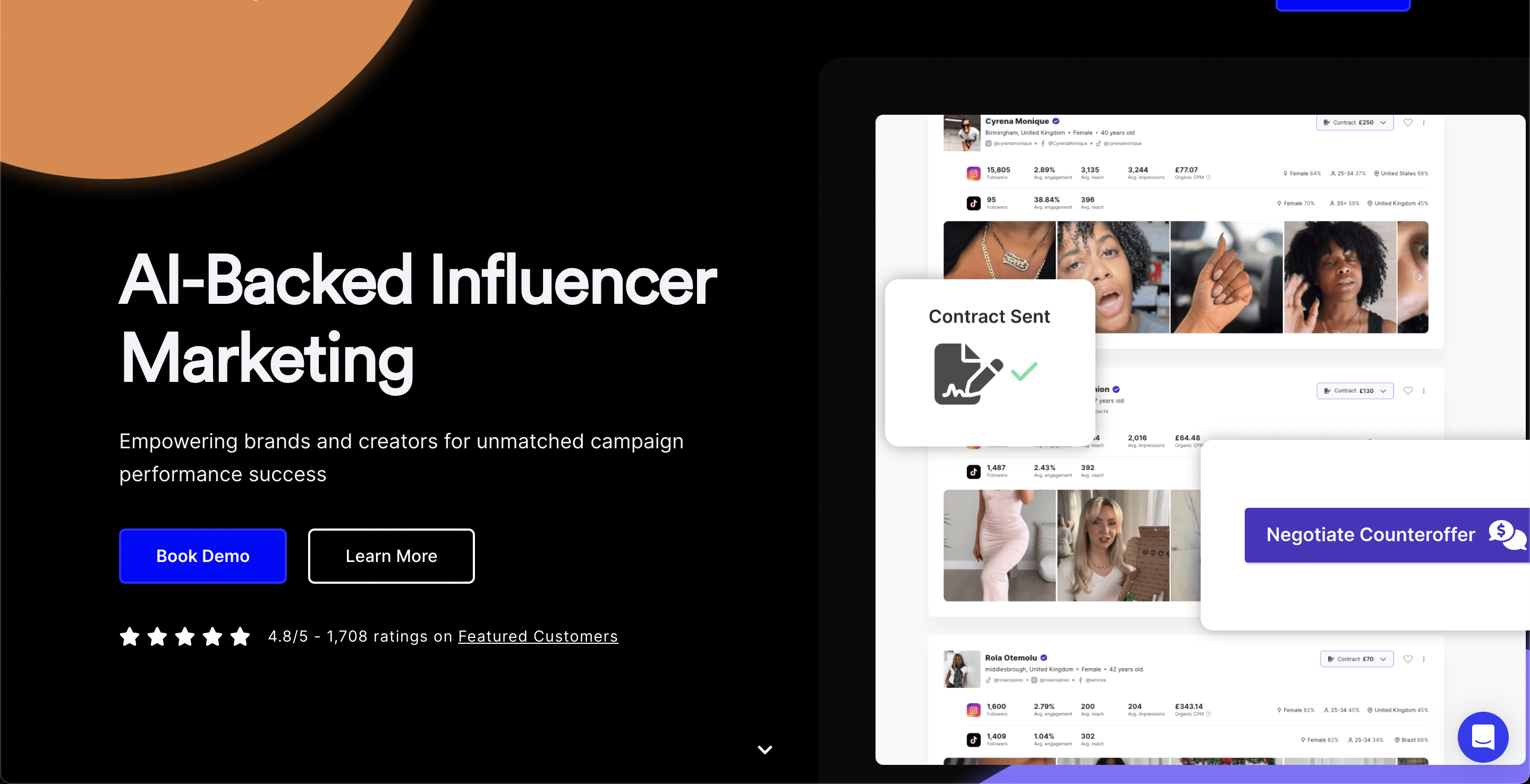 AI-powered influencer marketing platform showing creator profiles and metrics