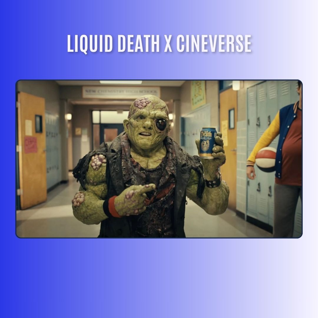 Monster holding Liquid Death water can in school hallway with lockers
