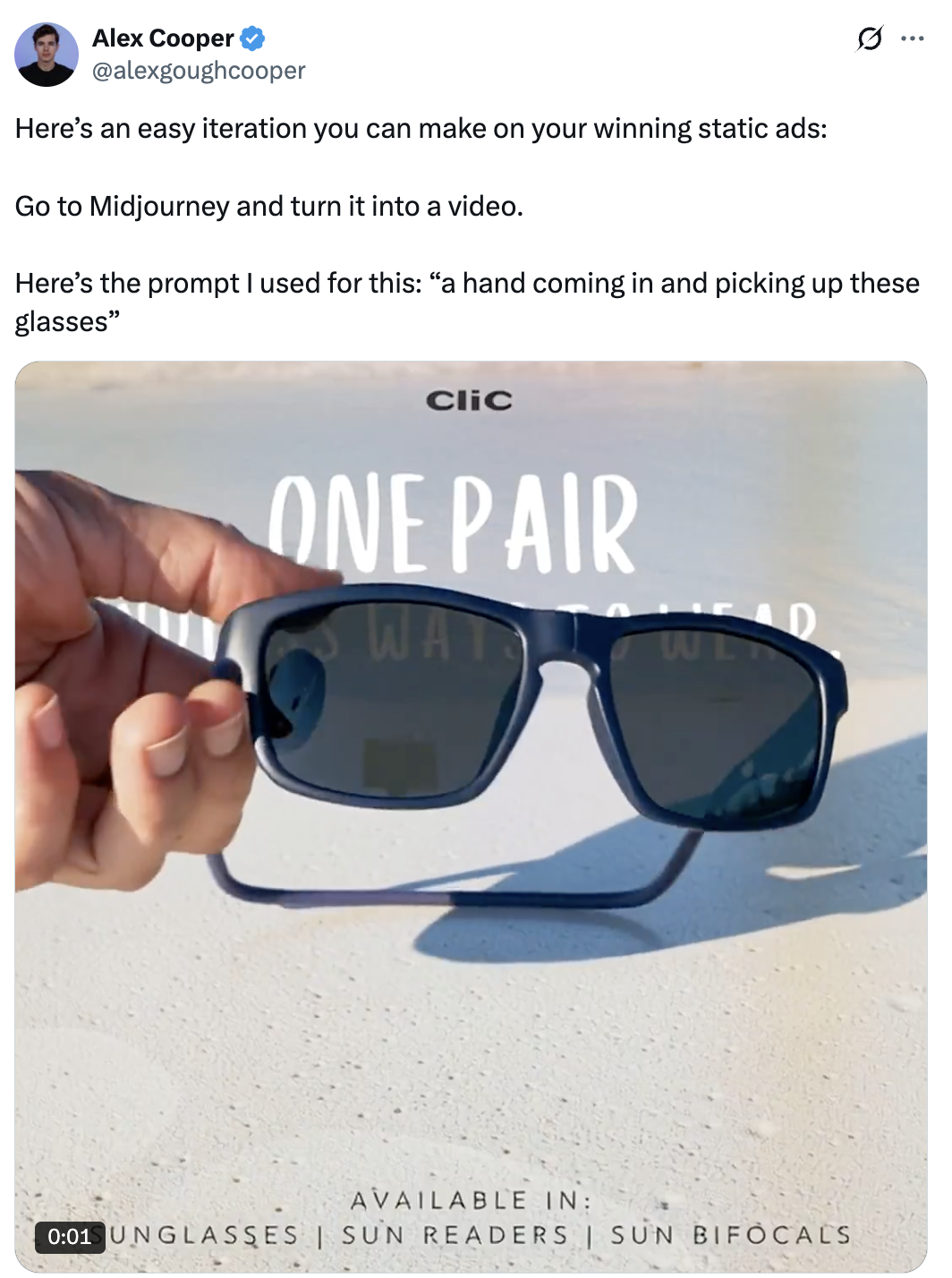 Blue sunglasses held by hand with 'One Pair' text and shadow