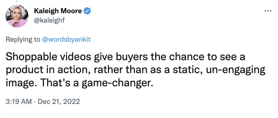 Tweet about shoppable videos and their impact on product marketing