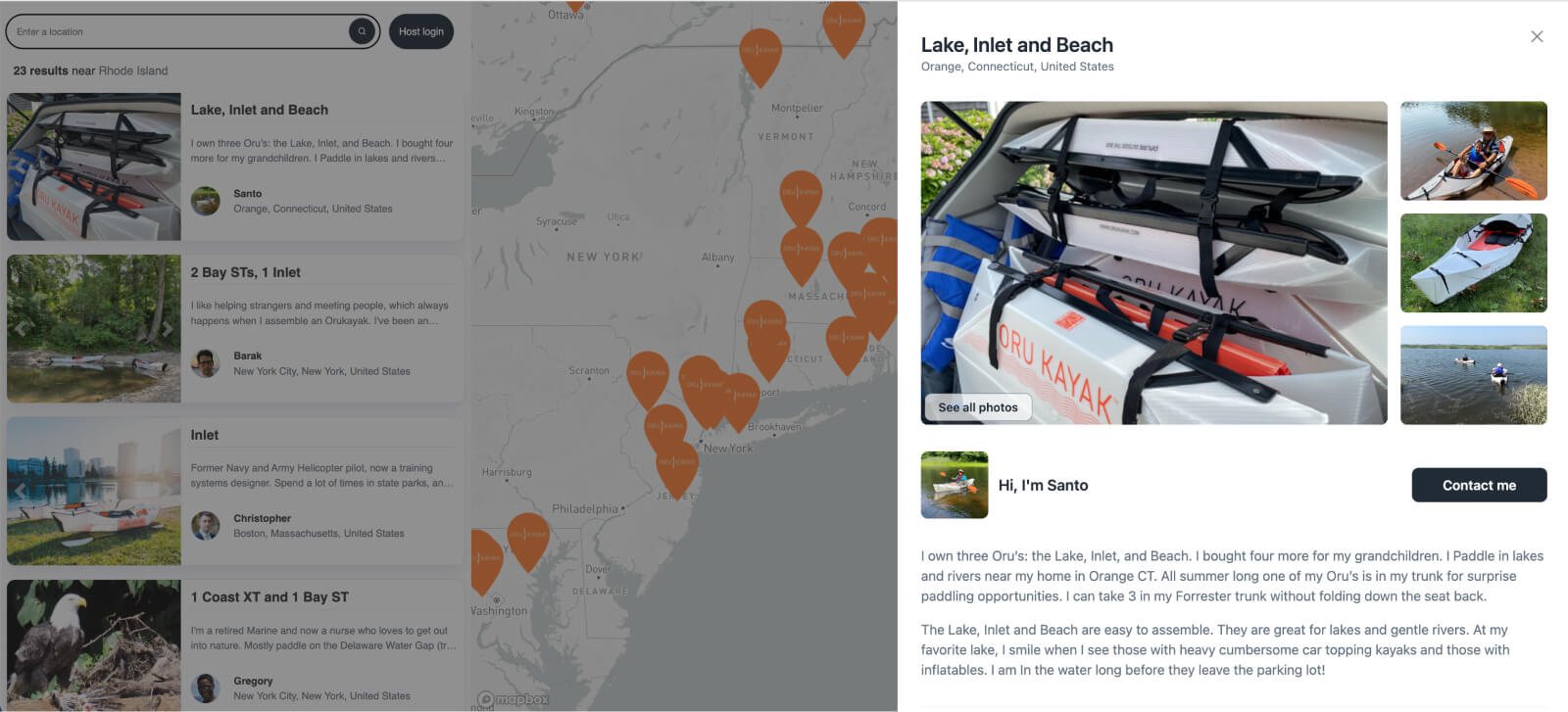 Oru Kayak on car rack with map showing kayaking locations in Northeast