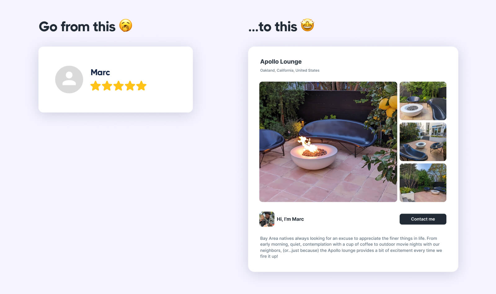 Outdoor patio with curved blue seating and central fire pit surrounded by plants