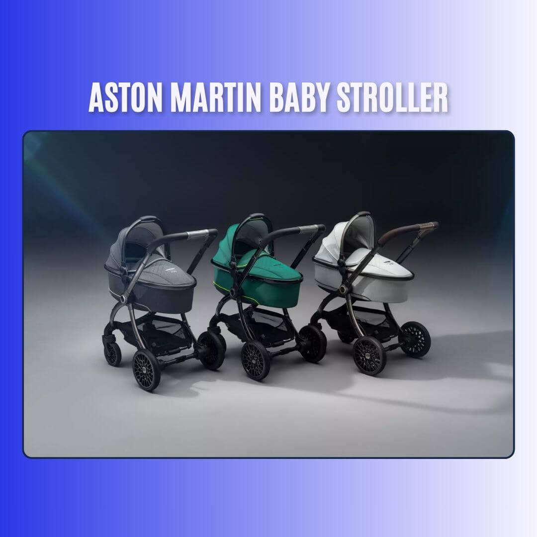 Three luxury Aston Martin baby strollers in different colors and designs