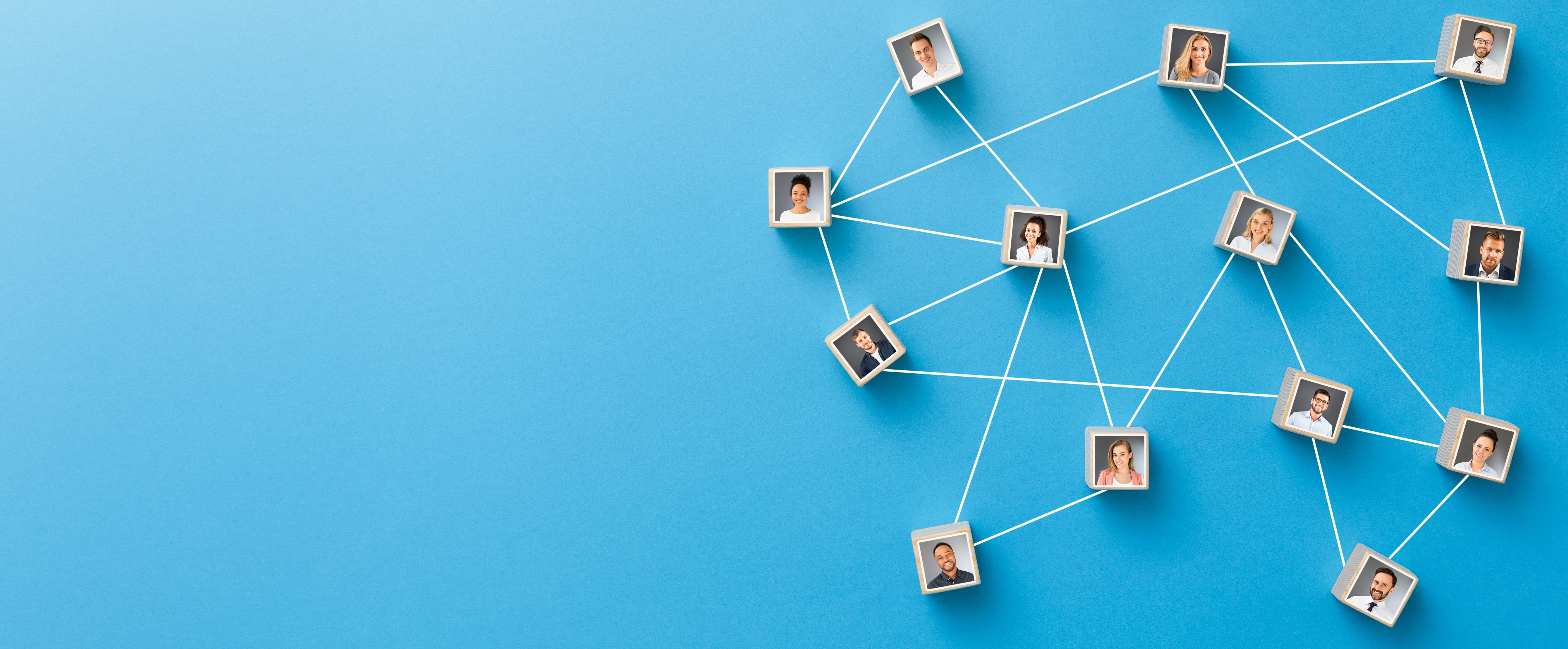 Social network connection diagram with profile pictures linked by white lines