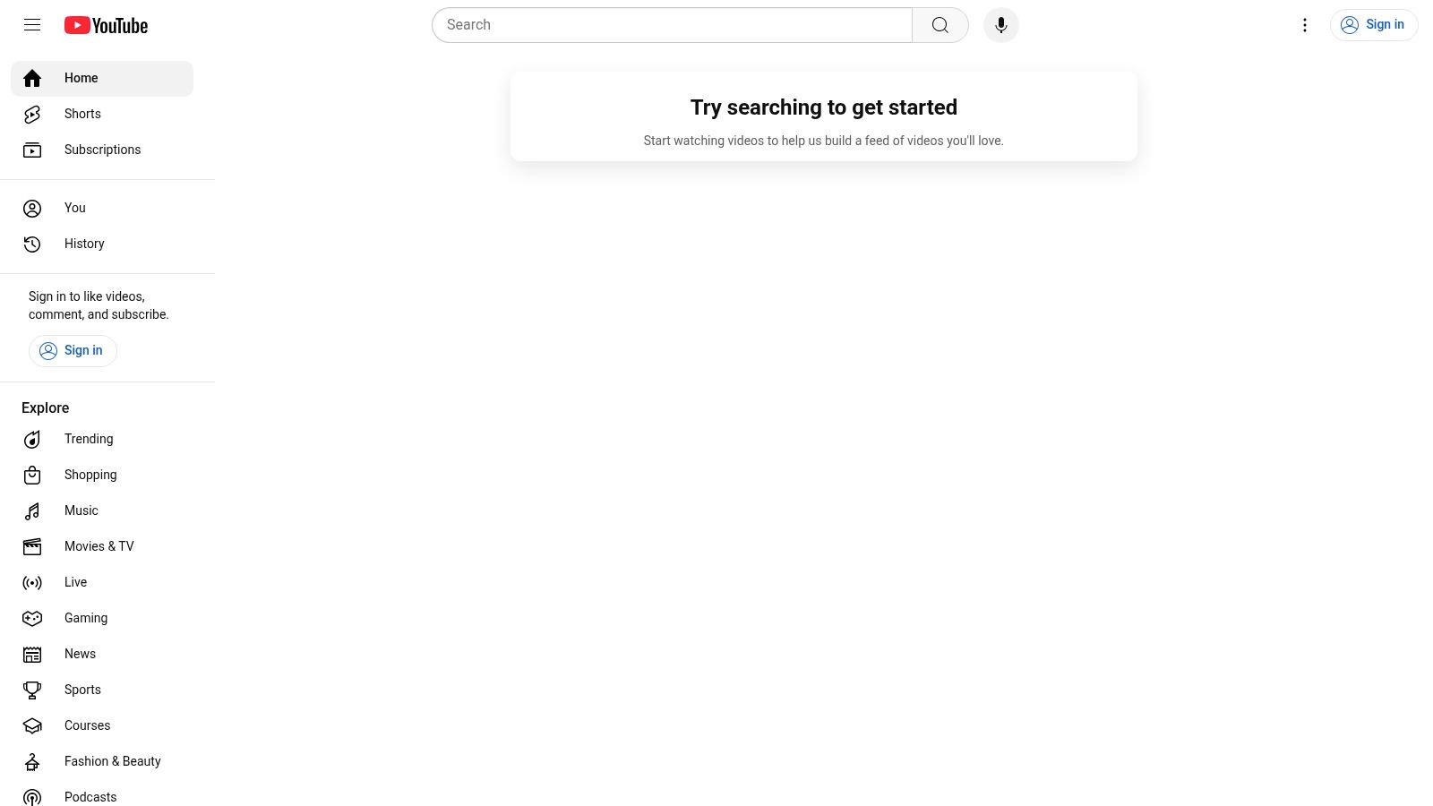 YouTube homepage with sidebar, search bar, and prompt to start searching