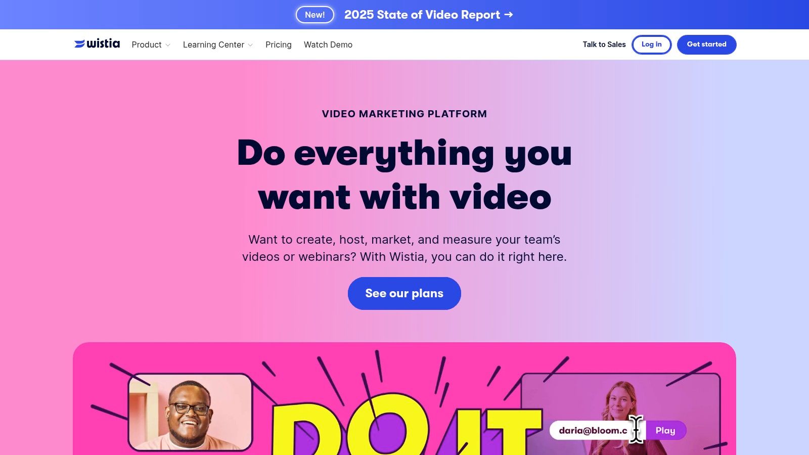 Wistia video marketing platform homepage with colorful 'Do it' graphic