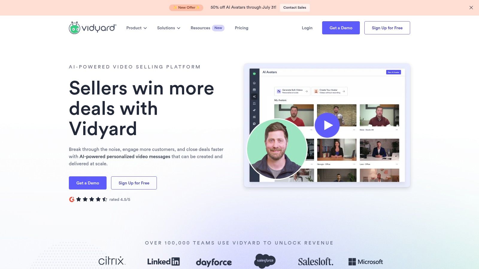 Vidyard homepage showcasing AI-powered video selling platform with avatars
