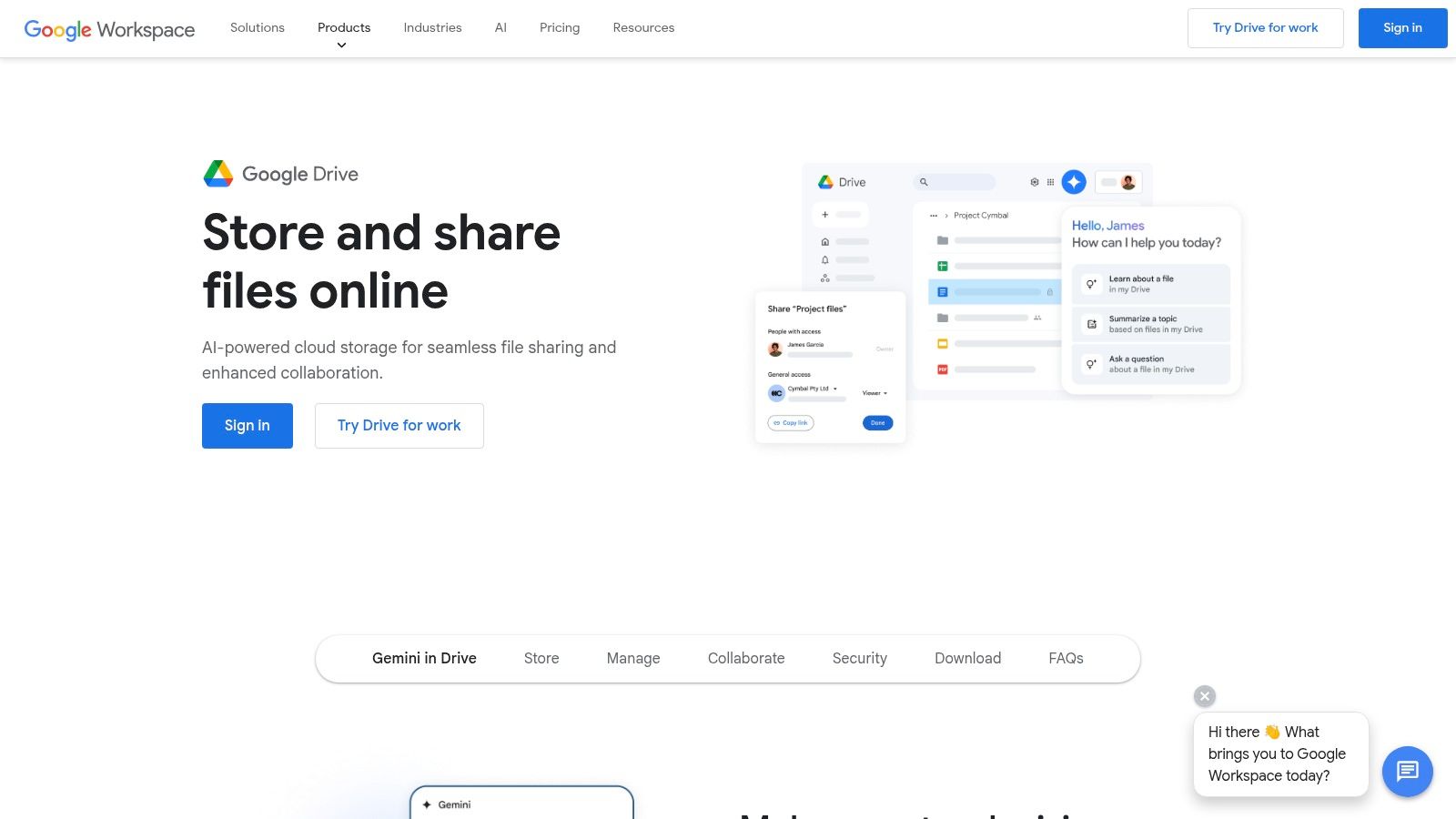 Google Drive homepage showcasing cloud storage and file sharing features