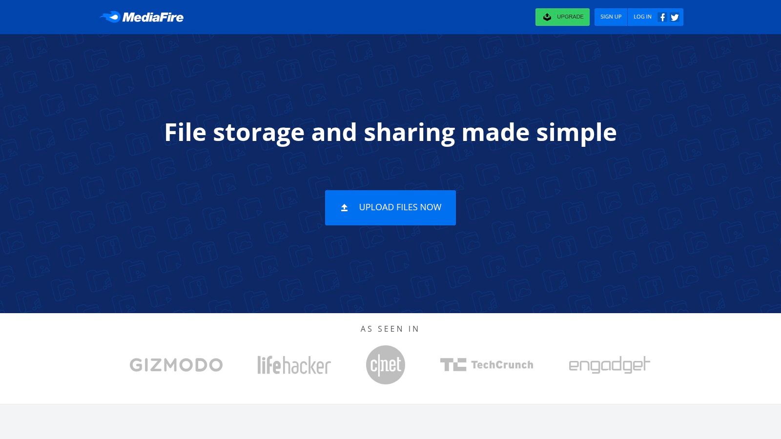 MediaFire homepage with blue upload button for simple file storage