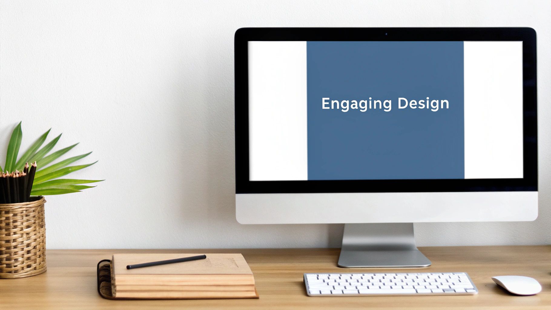 Computer monitor displaying "Engaging Design" on blue background with workspace