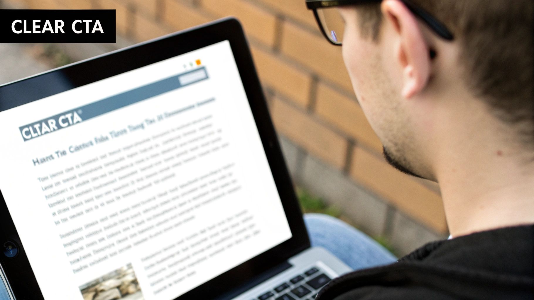 Person reading Clear CTA website article on laptop near brick wall