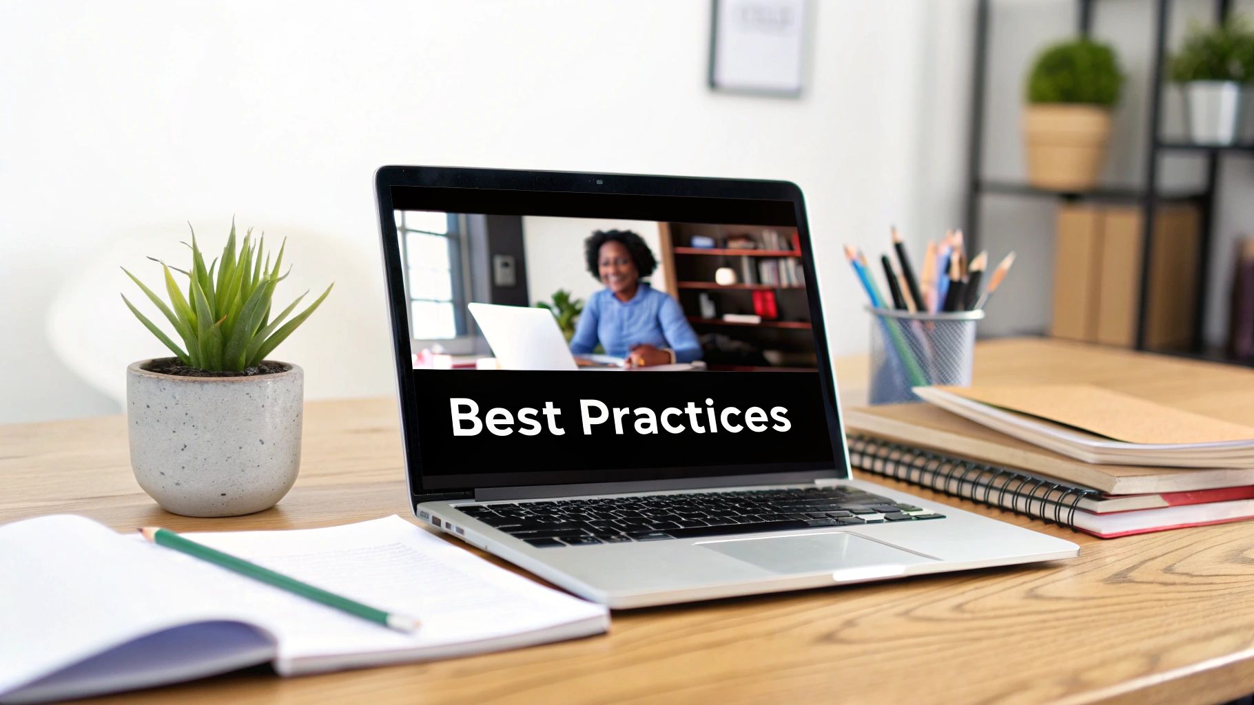 Laptop displaying "Best Practices" during video call with workspace items