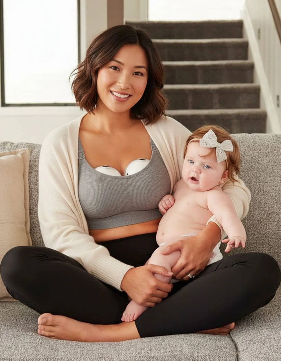 A mom smilling and holding her baby wearing the Modavista feeder