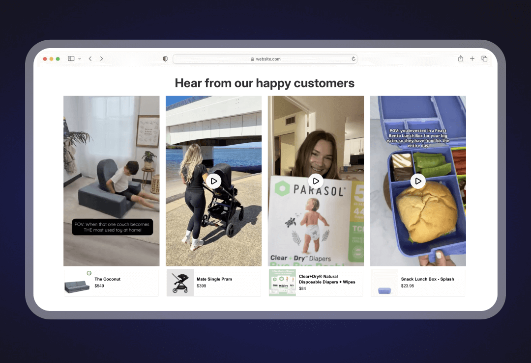 Real world examples of shoppable video on mechant websites.
