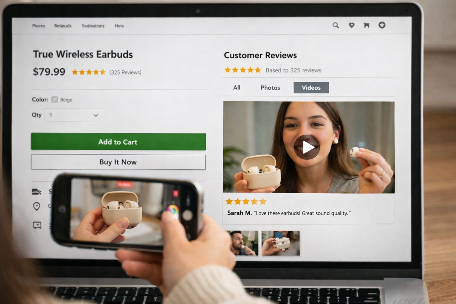 Customer filming a video review of wireless earbuds for a Shopify product page, showing real user-generated content displayed alongside product details and reviews