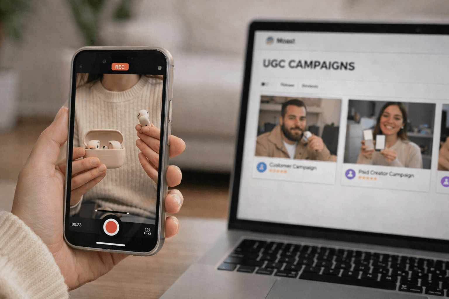 UGC creator recording a product demo video on a smartphone, with a UGC campaign dashboard visible on a laptop in the background
