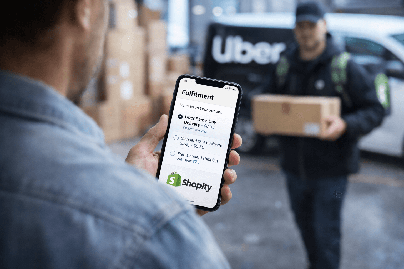 Shopify merchant viewing same-day delivery options on a smartphone while an Uber courier holds a package outside a warehouse, representing fast local fulfillment through Uber Direct.