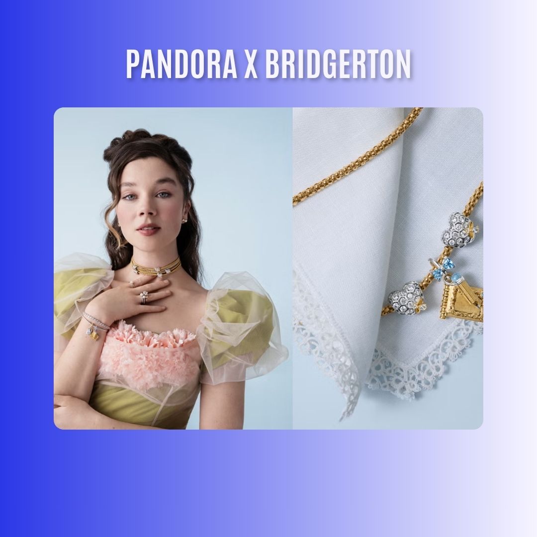 A woman from Bridgerton show wearing Pandora jewelry