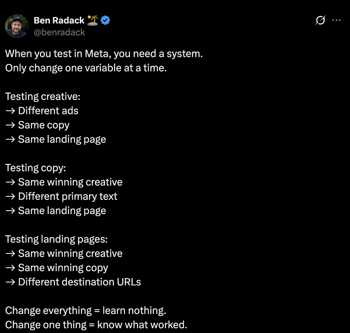 A Tweet from Ben Radack on testing meta ads