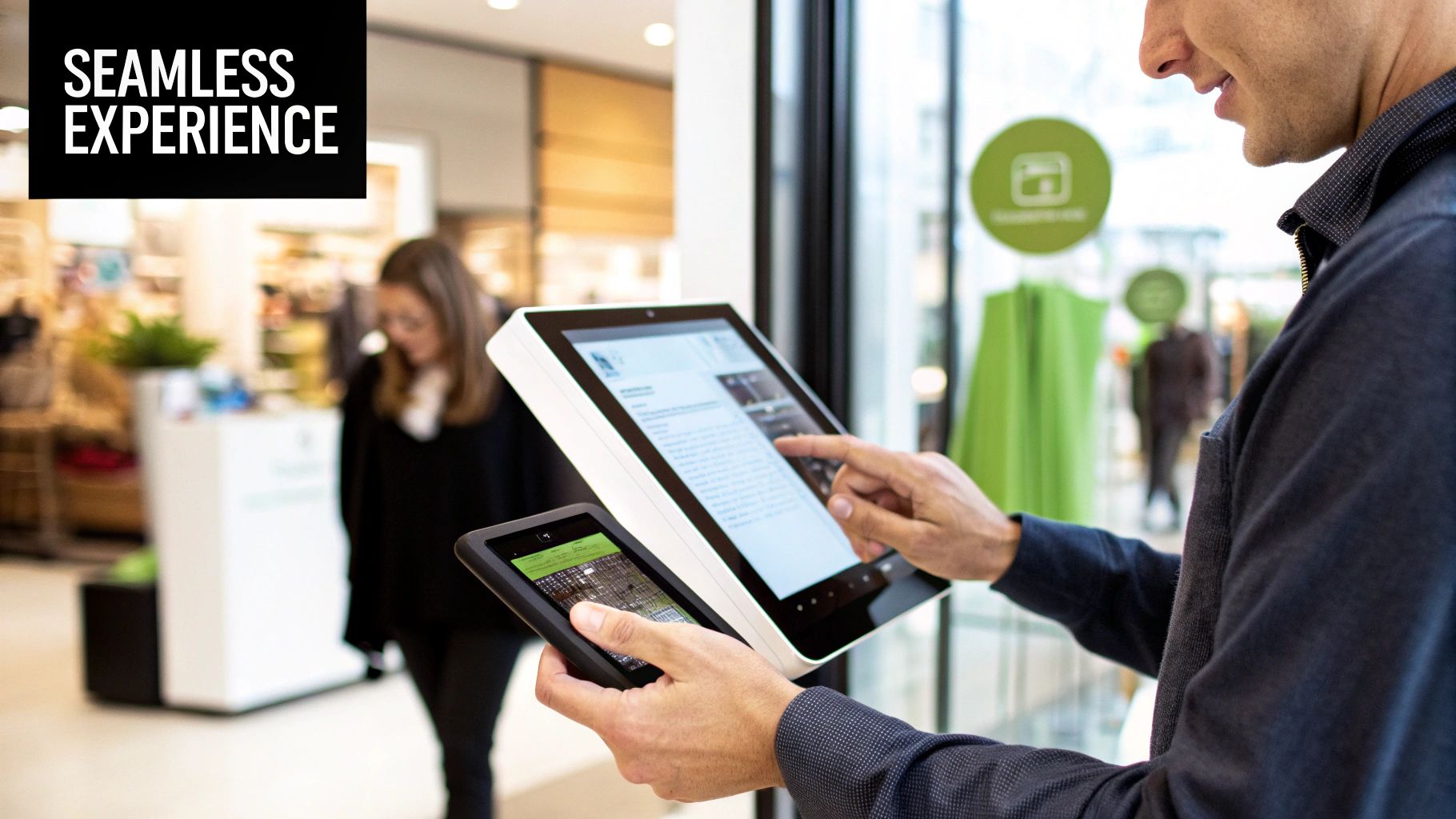Person using two tablets to demonstrate seamless digital experience in store