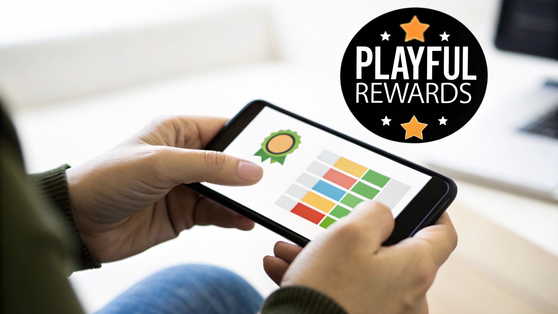 Person holding smartphone with colorful grid and Playful Rewards logo
