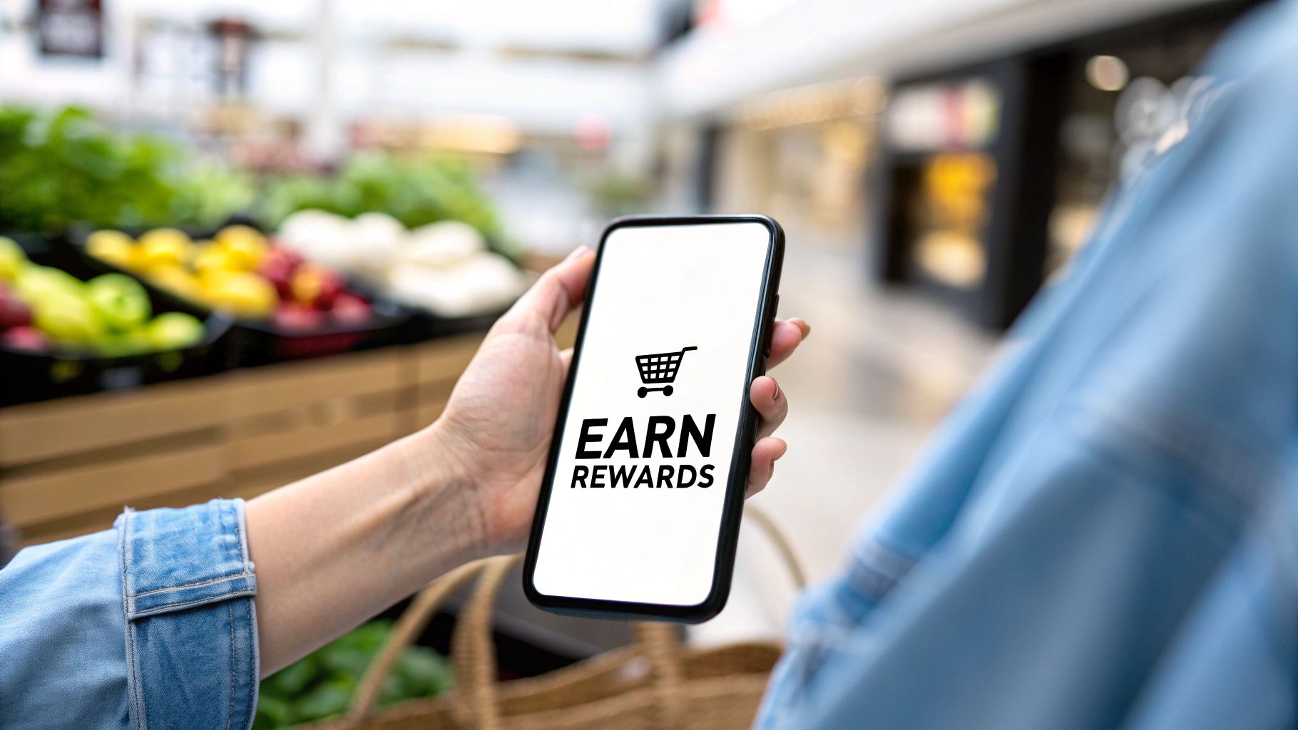 Smartphone displaying "Earn Rewards" in grocery store with produce section