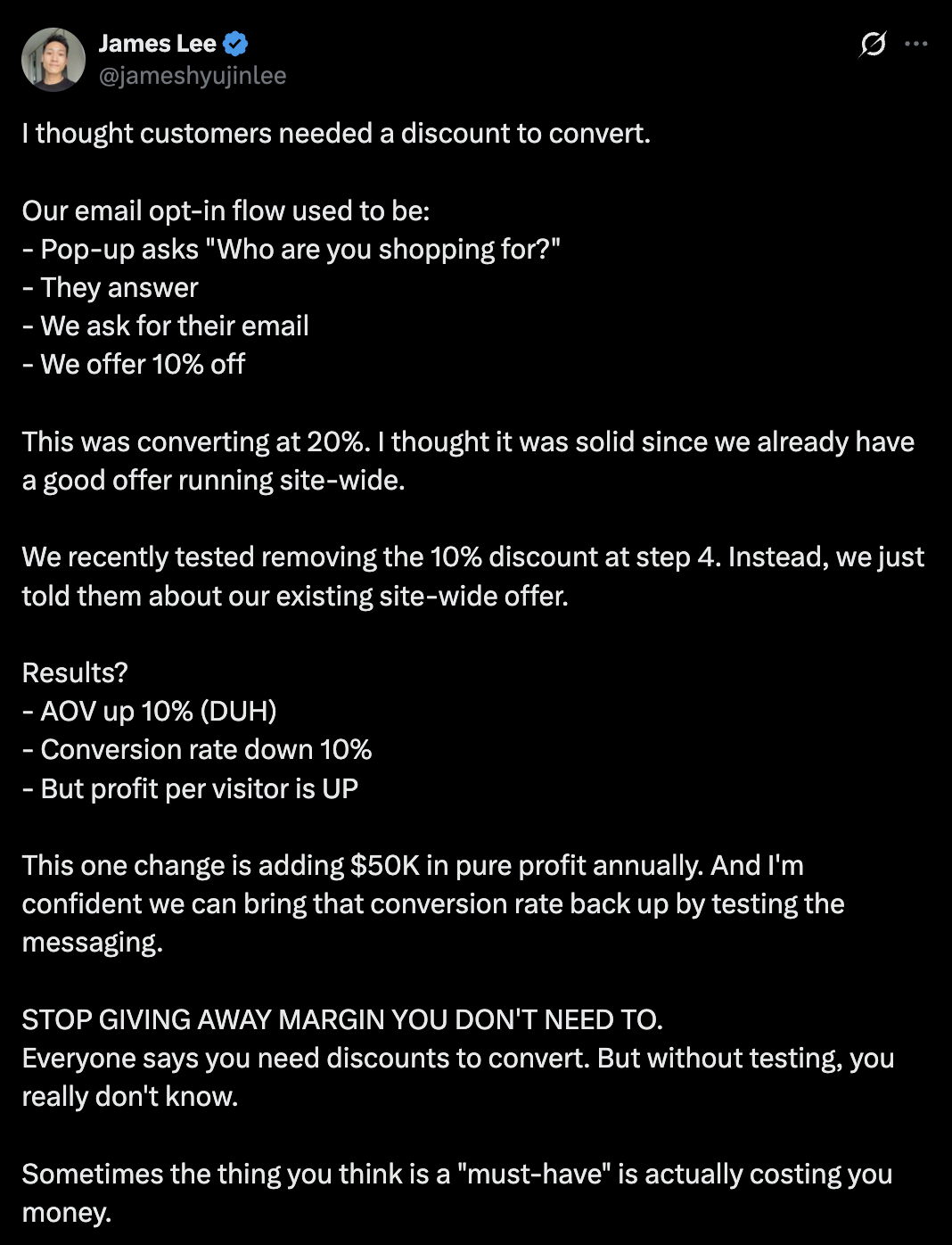 A tweet from James Lee on popup offers