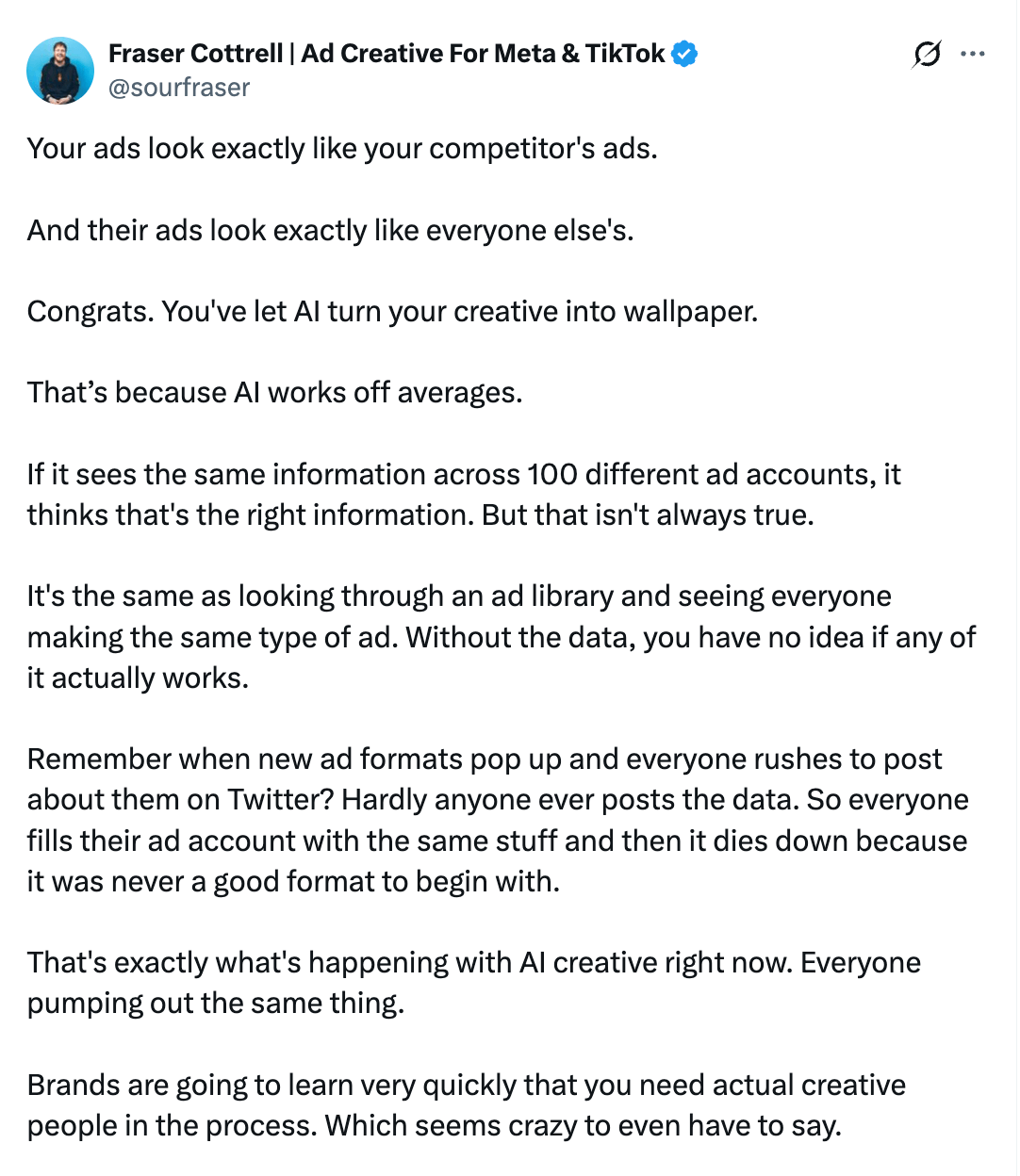 A tweet from Fraser Cottrell