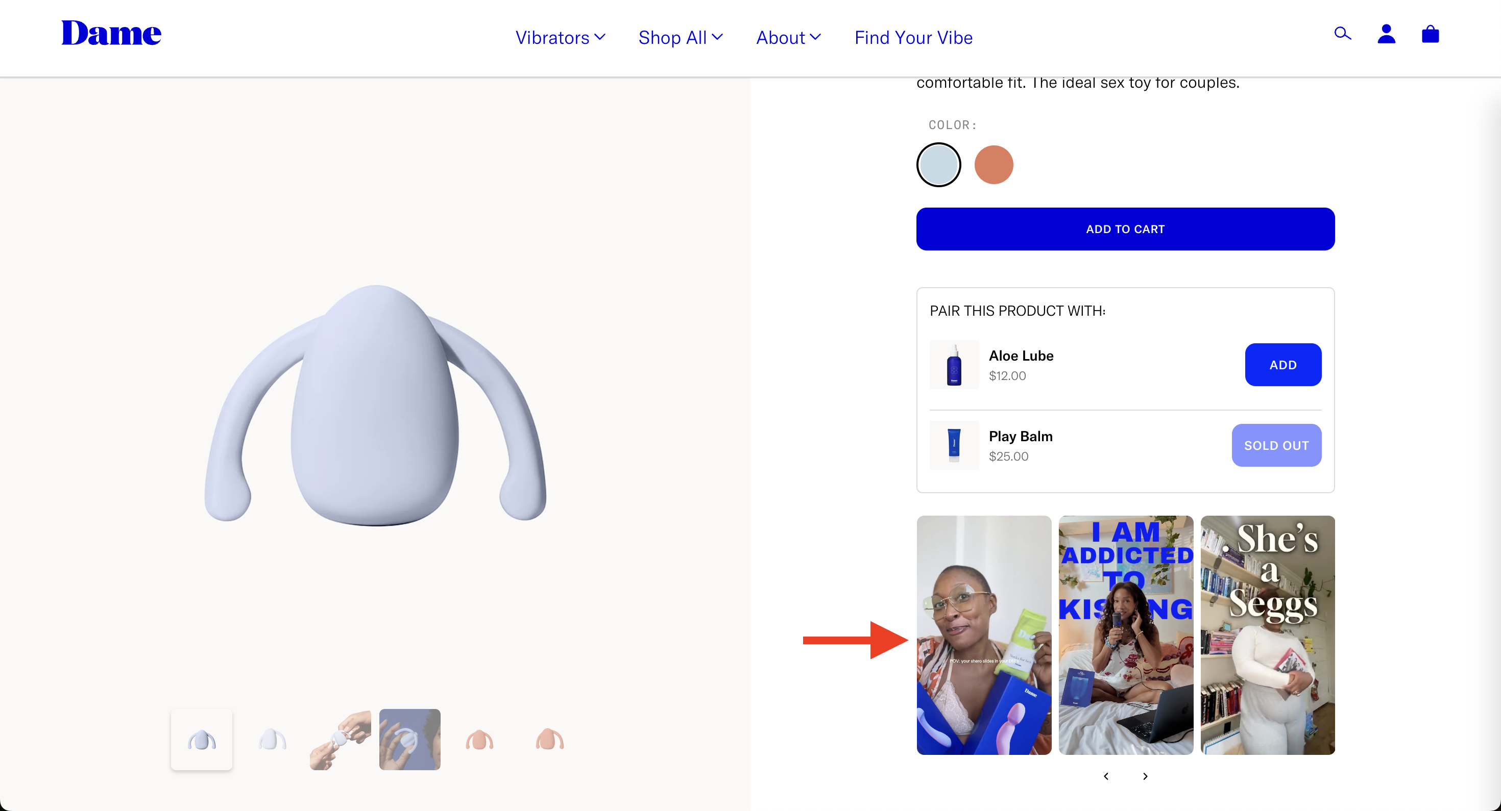 Screenshot of Dame shoppable videos.