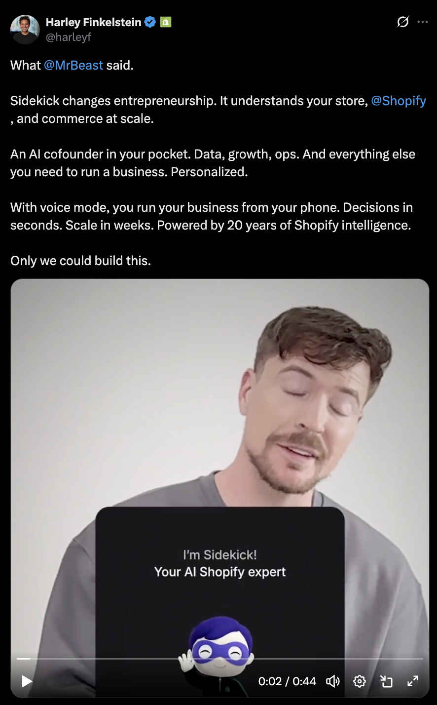 Mr. Beast X post on using Shopify's Sidekick