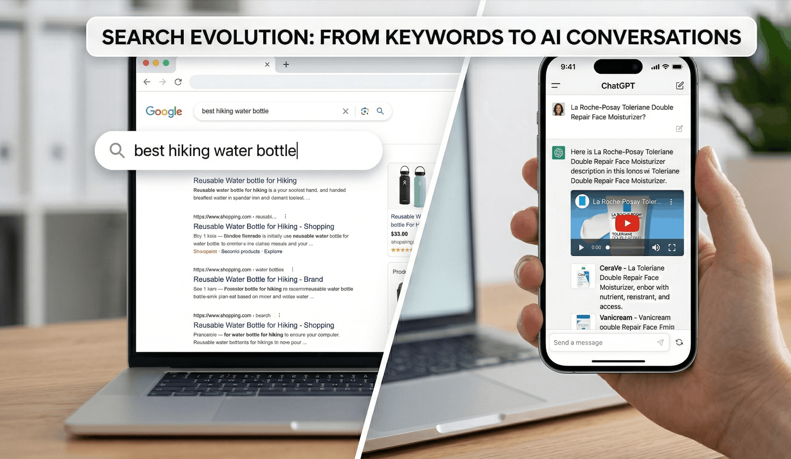 Gemini said A split-screen infographic visually comparing old and new ways shoppers find products. On the left side, labeled 'OLD PLAYBOOK: KEYWORDS & LISTS,' a desktop computer shows a traditional keyword search results page for 'reusable water bottle for hiking.' On the right side, labeled 'NEW VARIABLE: CONVERSATIONAL AI & DIRECT ANSWERS,' a smartphone shows a modern conversational AI chat interface providing direct product recommendations for the same query.