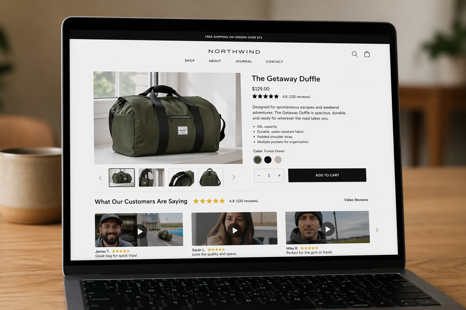 A Shopify product page displayed on a laptop screen