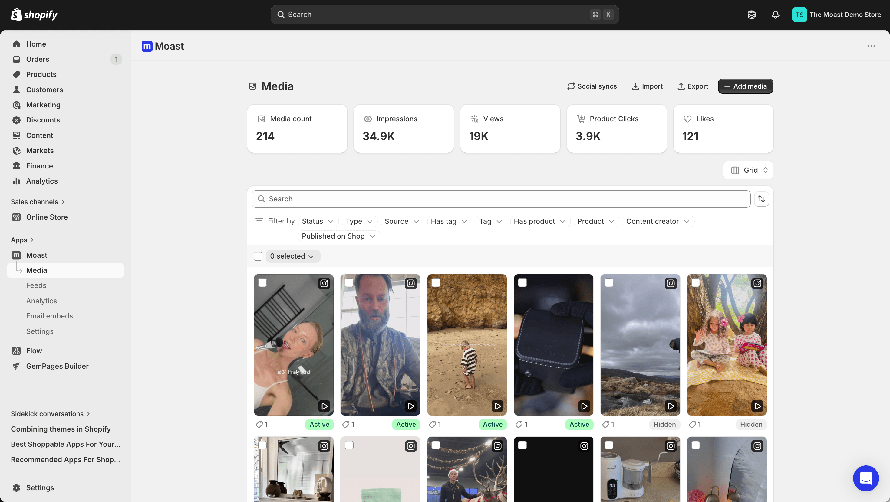 A clean dashboard interface showing a grid of customer video testimonial thumbnails with status labels such as approved and pending review, representing a video testimonial management tool for ecommerce brands.