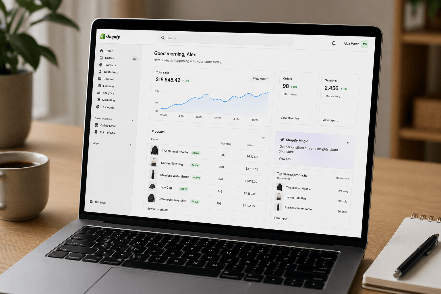 Shopify admin dashboard displayed on a laptop in a clean workspace, showing sales analytics, orders, and product performance—realistic merchant-focused ecommerce scene.