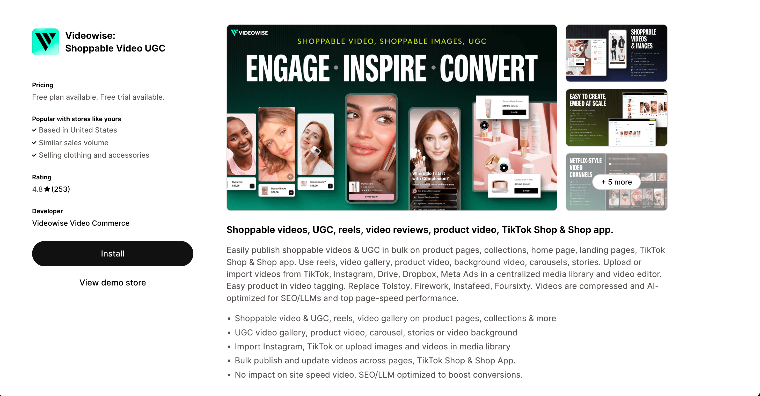 Videowise Shopify app listing in the Shopify App Store promoting shoppable video, UGC, Instagram Reels, TikTok Shop, and Shop app integrations for ecommerce brands. The app enables Shopify merchants to publish interactive video galleries, product videos, reels, stories, and customer-generated content across product pages, collection pages, landing pages, and homepages. The listing highlights centralized video management, AI-optimized SEO and LLM discoverability, fast-loading video widgets, product tagging, bulk publishing tools, and integrations with TikTok, Instagram, Google Drive, Dropbox, and Meta Ads for scalable video commerce experiences.