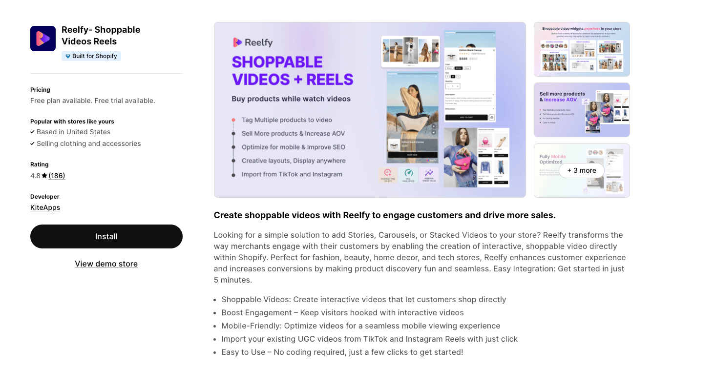 Reelfy Shopify app listing in the Shopify App Store promoting shoppable videos, reels, stories, and interactive video widgets for Shopify ecommerce stores. The app allows merchants to create mobile-optimized shoppable video experiences with product tagging, TikTok and Instagram Reel imports, stacked video layouts, and customizable video carousels across product pages and collection pages. The listing highlights Built for Shopify status, SEO optimization, increased average order value (AOV), mobile-first video commerce design, easy no-code integration, and interactive product discovery experiences for fashion, beauty, home decor, and ecommerce brands.