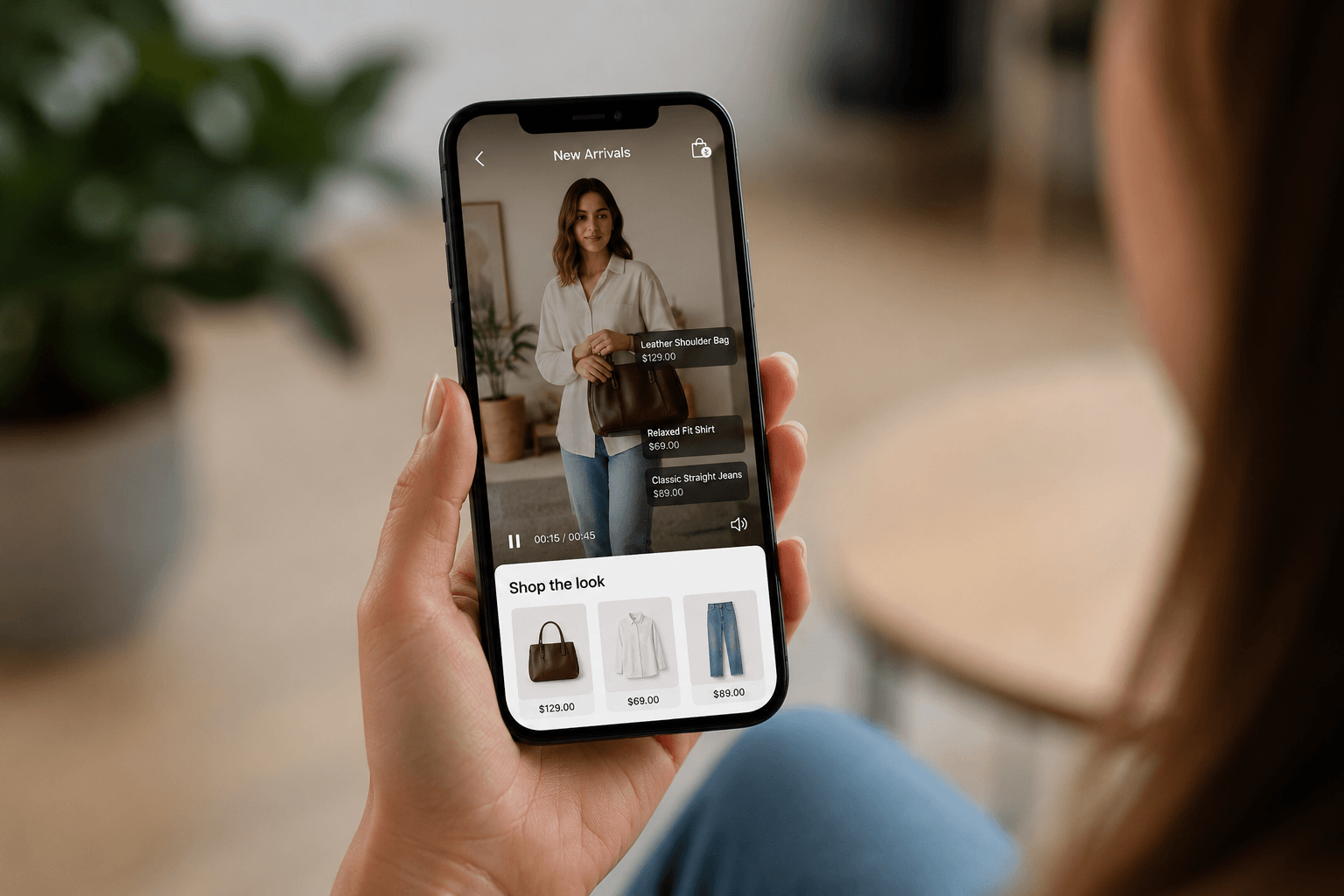 Shoppable video experience on a Shopify store displayed on a smartphone, showing a fashion creator video with clickable product tags and a “shop the look” section for instant product discovery and purchase.