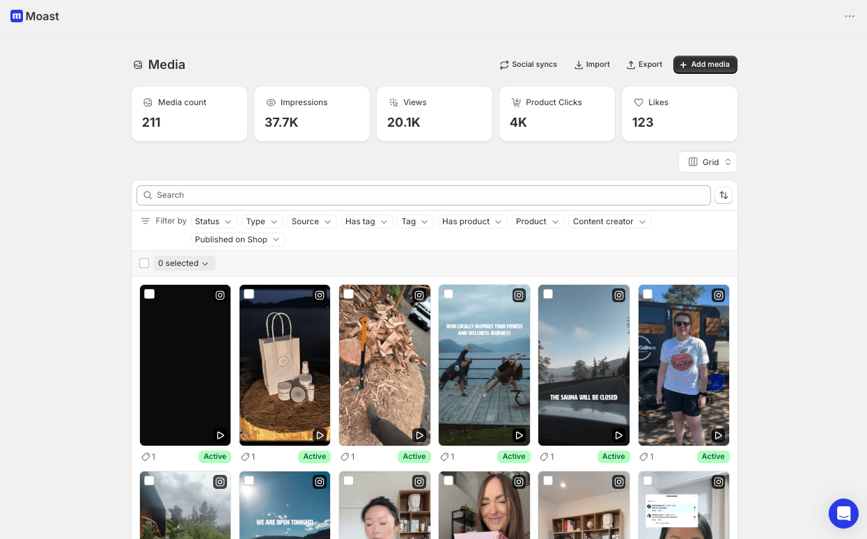 Shopify admin dashboard showing the Moast shoppable video editor on a laptop screen, with tagged products, interactive video hotspots, and a timeline interface used to create and manage shoppable videos for an ecommerce store.