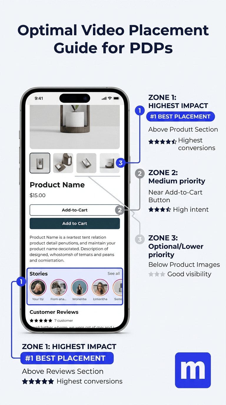 Optimal video placement guide for Shopify product pages showing three zones: above reviews section rated highest impact with 5 stars, near add-to-cart button rated high intent with 4 stars, and below product images rated good visibility with 3 stars