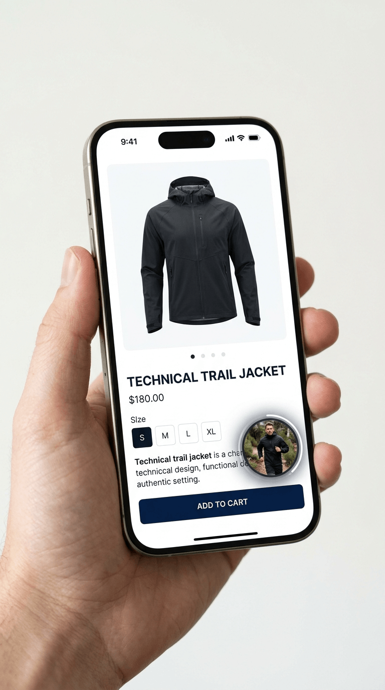 Moast floating video bubble widget on a Shopify product page on iPhone — corner pop-up shoppable video example
