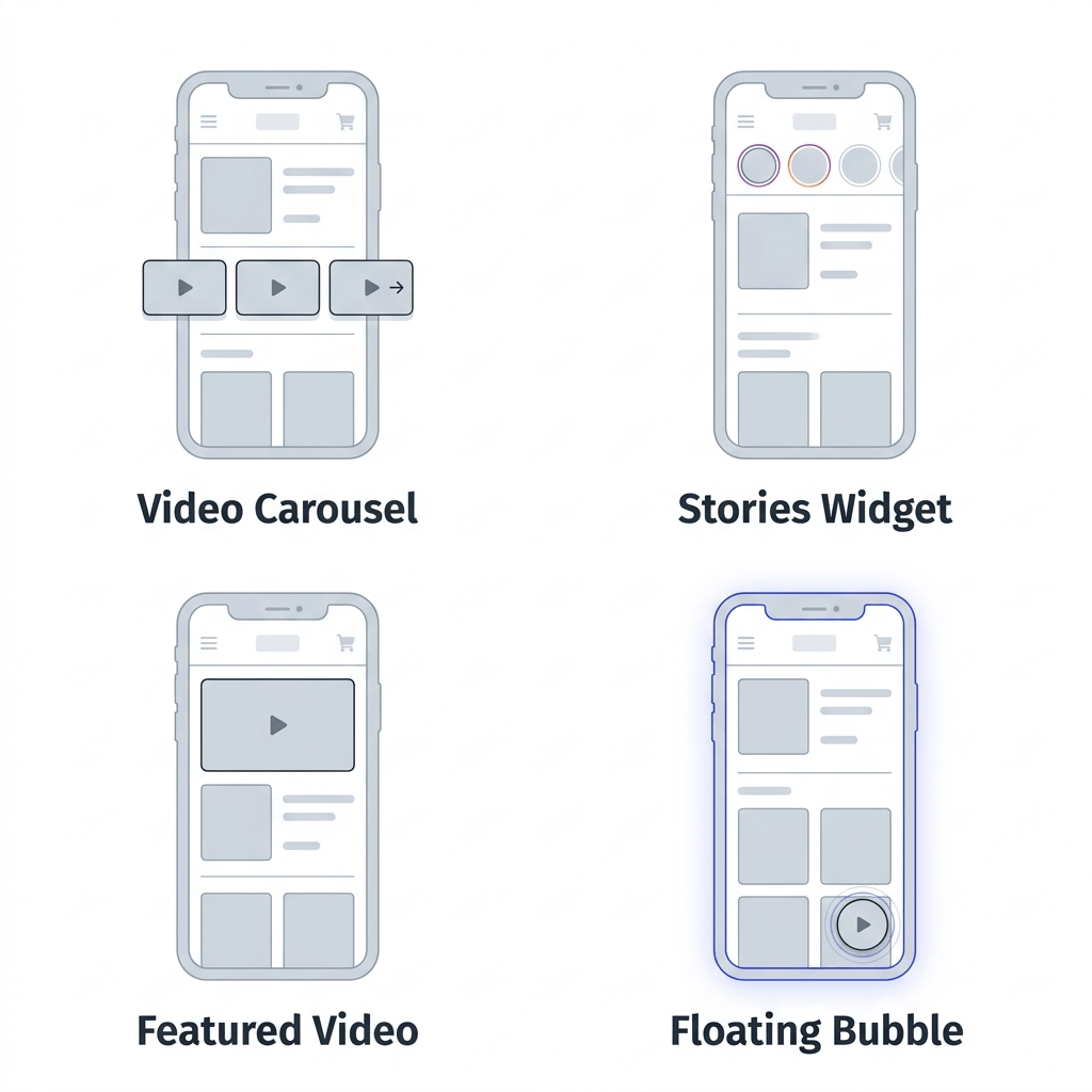 Four Shopify shoppable video widget formats compared — carousel, stories, featured video, and corner pop-up floating bubble