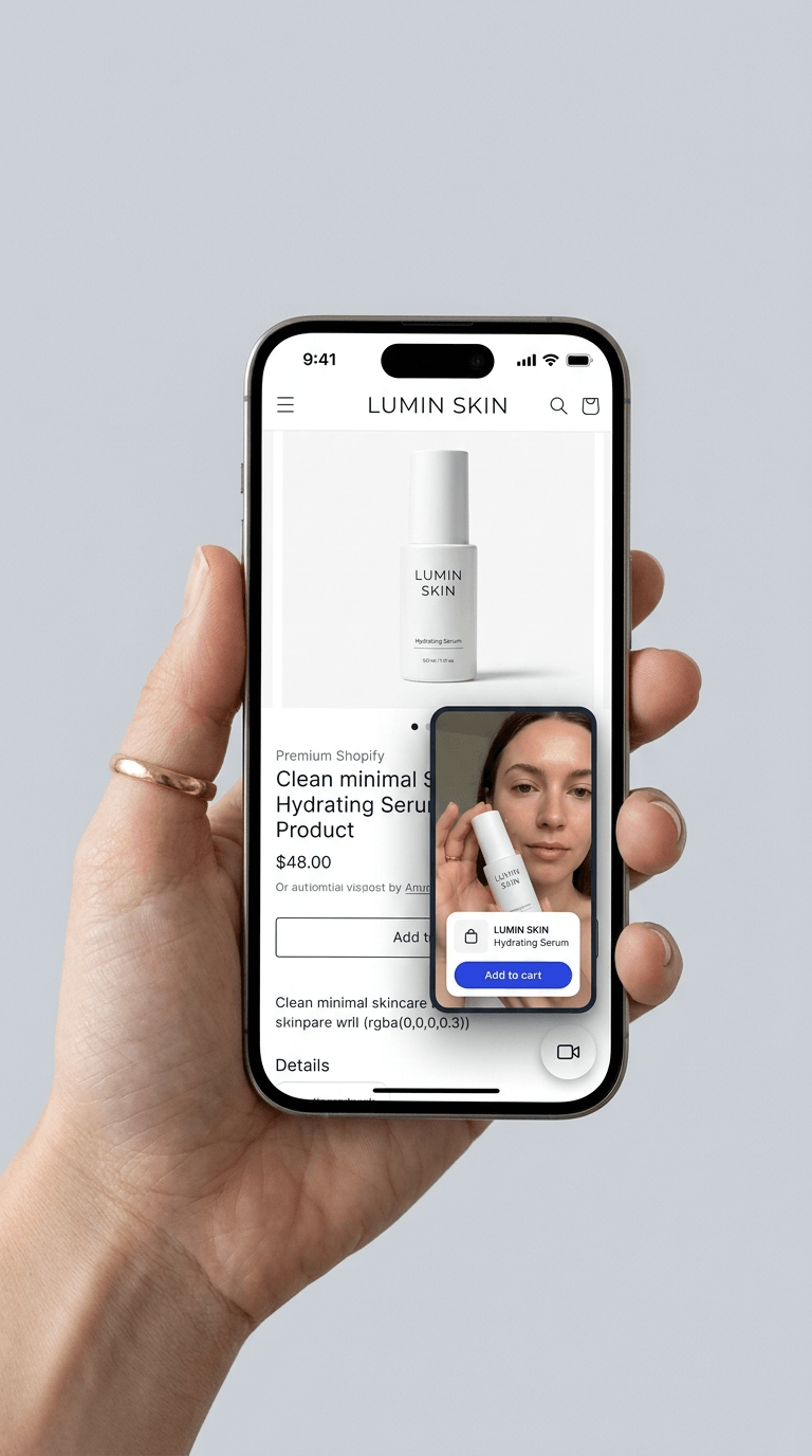 iPhone showing expanded Moast floating video bubble on Shopify product page with white product tag chip and blue add-to-cart button overlaid on customer demonstration video