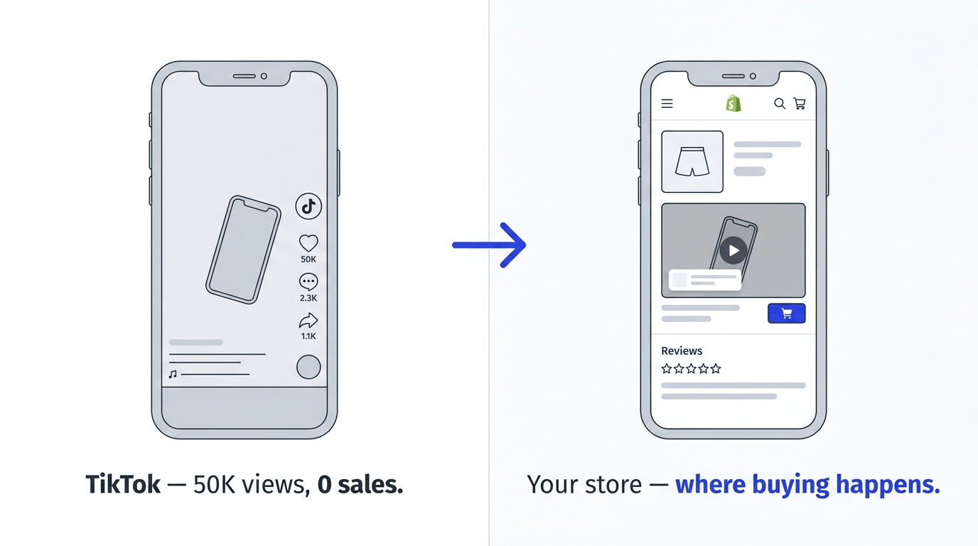 Split-screen illustration comparing TikTok video with 50K views and 0 sales versus the same video as shoppable content on Shopify store with product tags and add-to-cart button