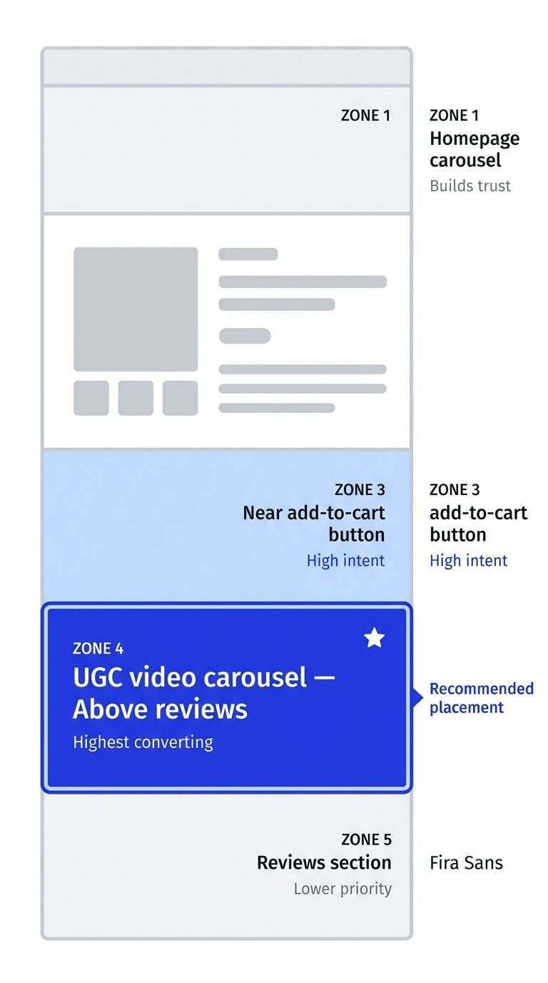 Diagram showing the highest-converting placement for UGC video on a Shopify product page is above the reviews section